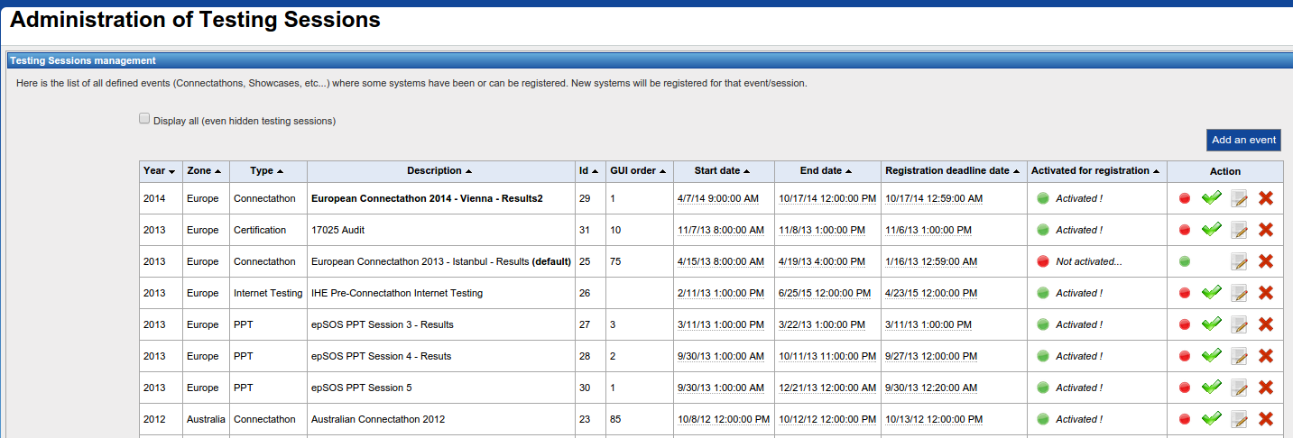 list testing sessions