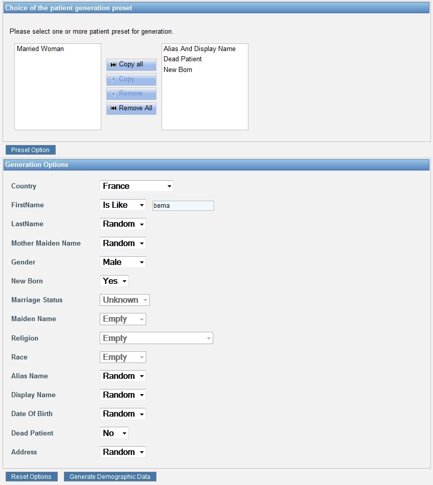 Patient generation option page